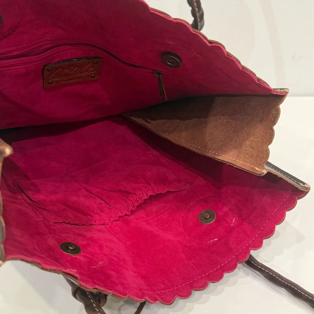 Patricia Nash Dark Brown Leather‎ Floral Cutout Scalloped Tote Bag Pink Lining